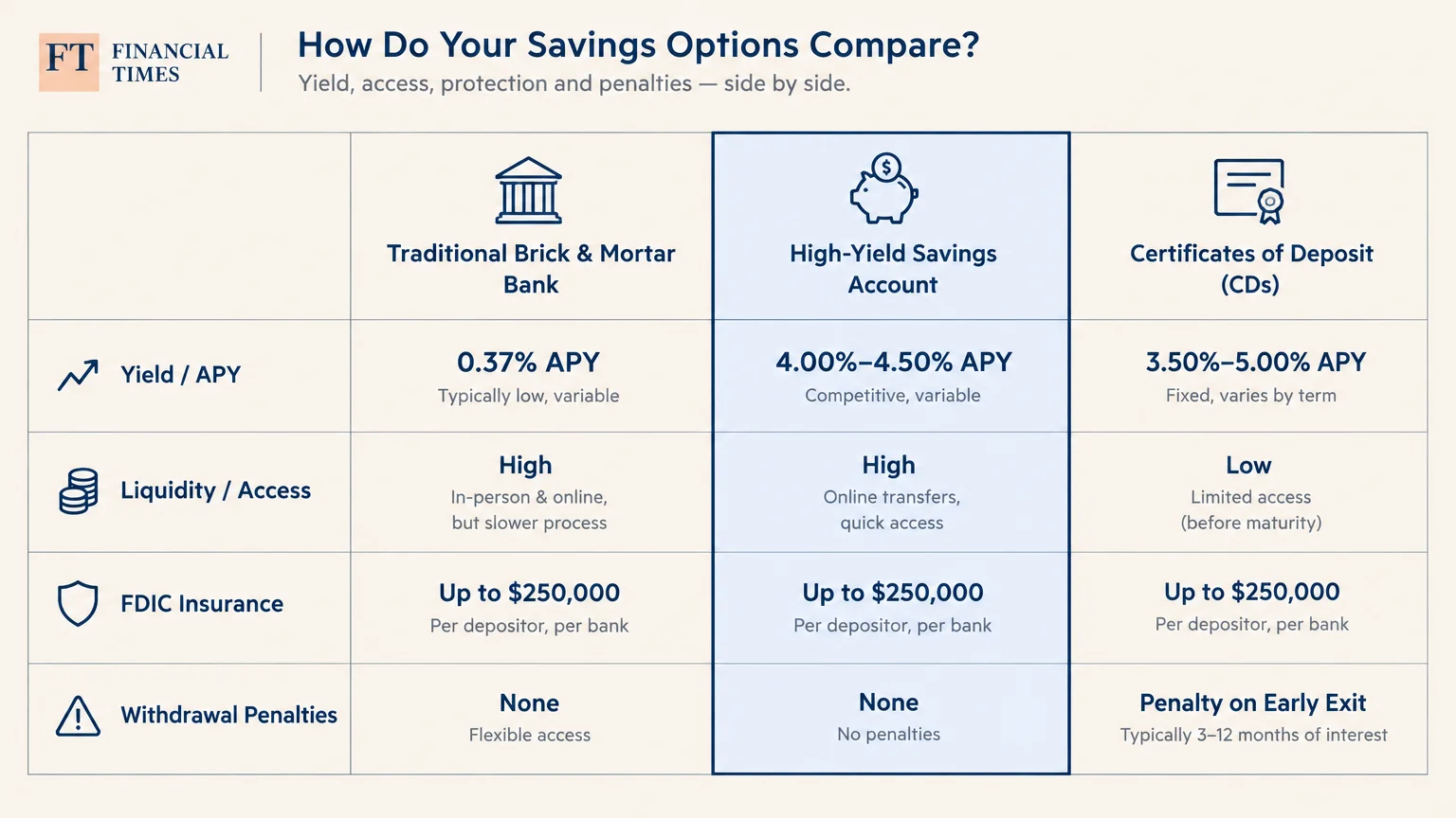 Comparison table evaluating traditional banks, high-yield savings accounts, and CDs across yield, liquidity, and penalties.