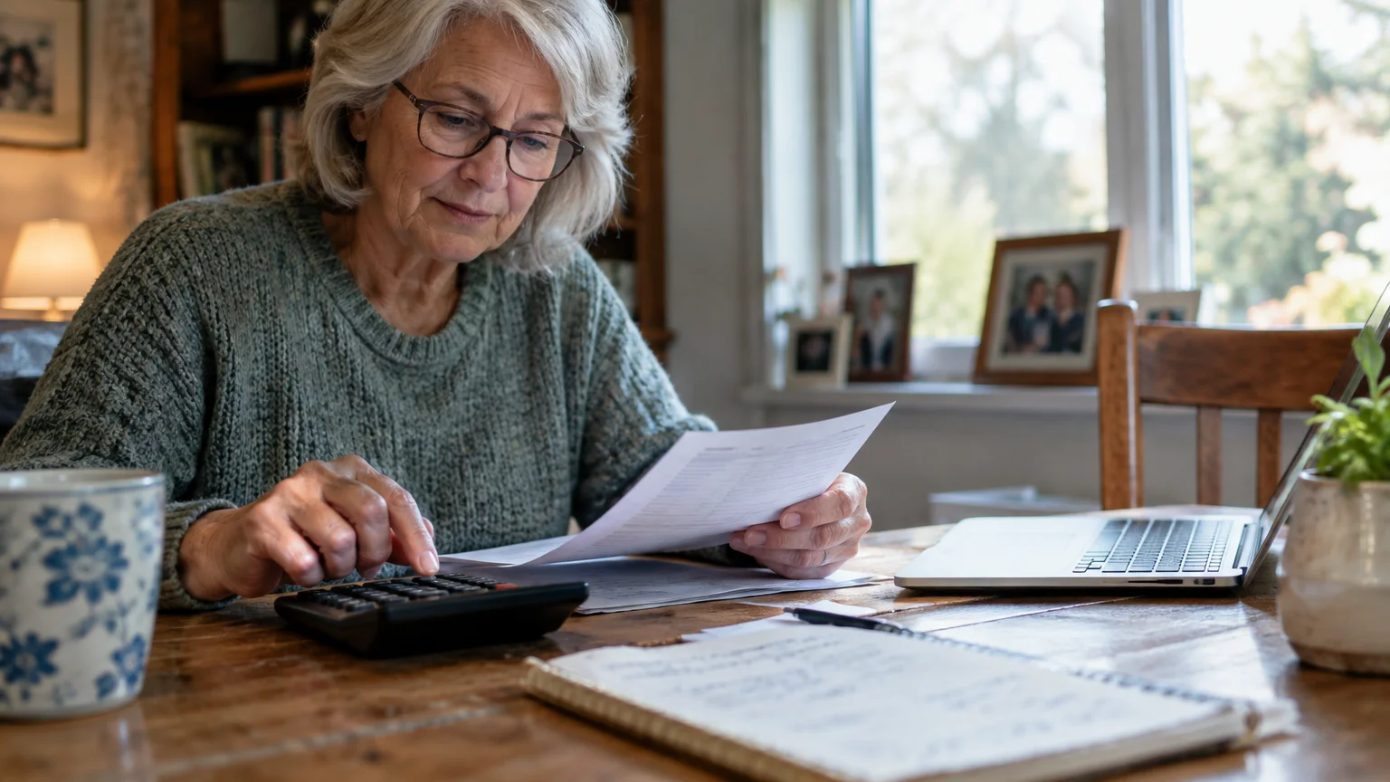 Senior woman with glasses reading paperwork and using a calculator at a wooden table beside an open laptop.