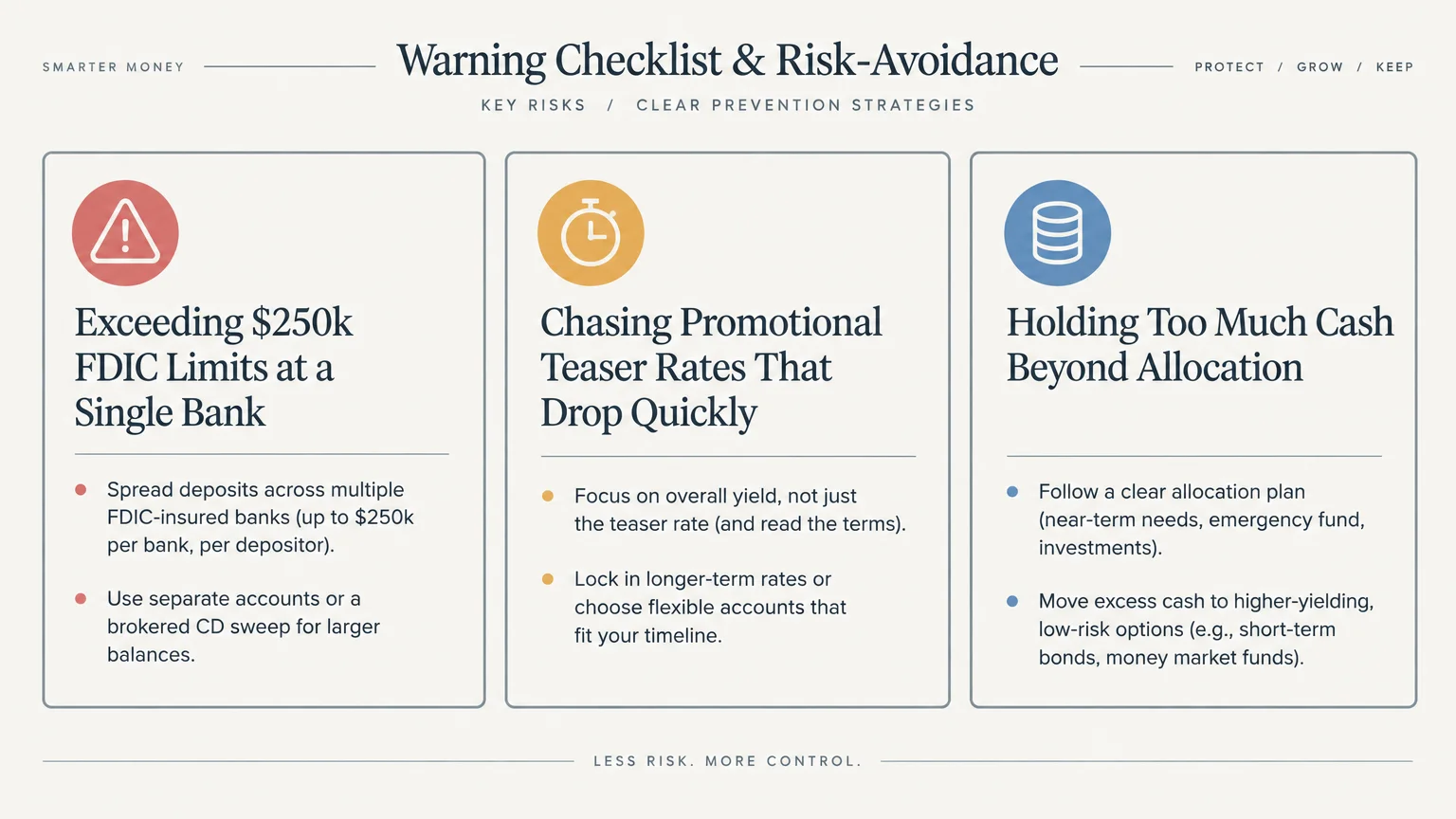 Warning checklist diagram outlining key risks and prevention strategies for FDIC limits, promotional teaser rates, and cash allocation.