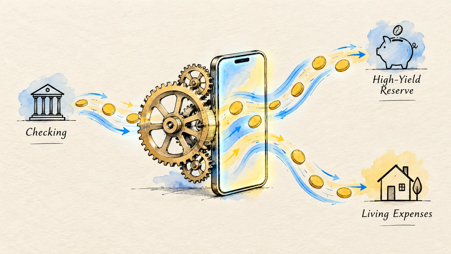 Illustration of coins flowing through gears and a smartphone between checking, high-yield reserves, and living expenses.