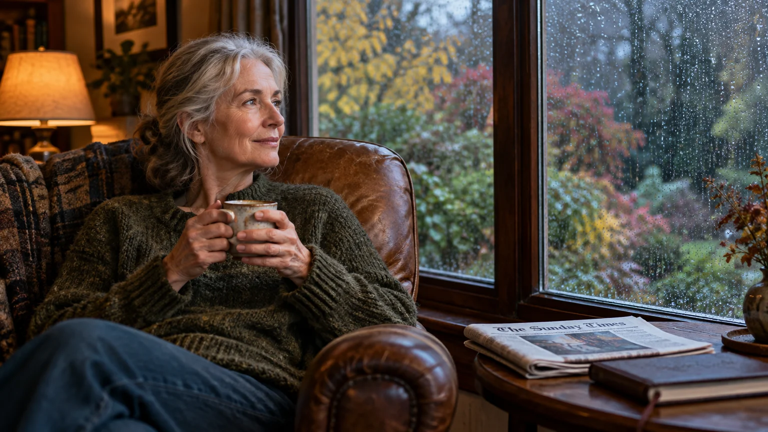 Senior woman sitting in a leather armchair with a warm mug, gazing out a rainy window next to a folded newspaper.