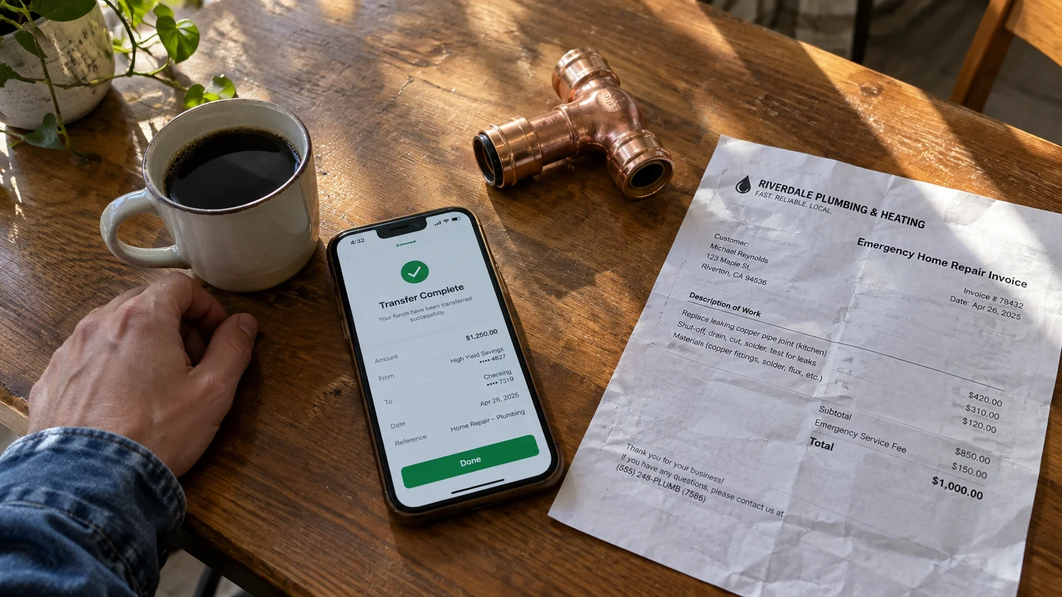Smartphone showing a completed bank transfer next to a plumbing repair invoice, copper pipe, and coffee cup on a wood table.