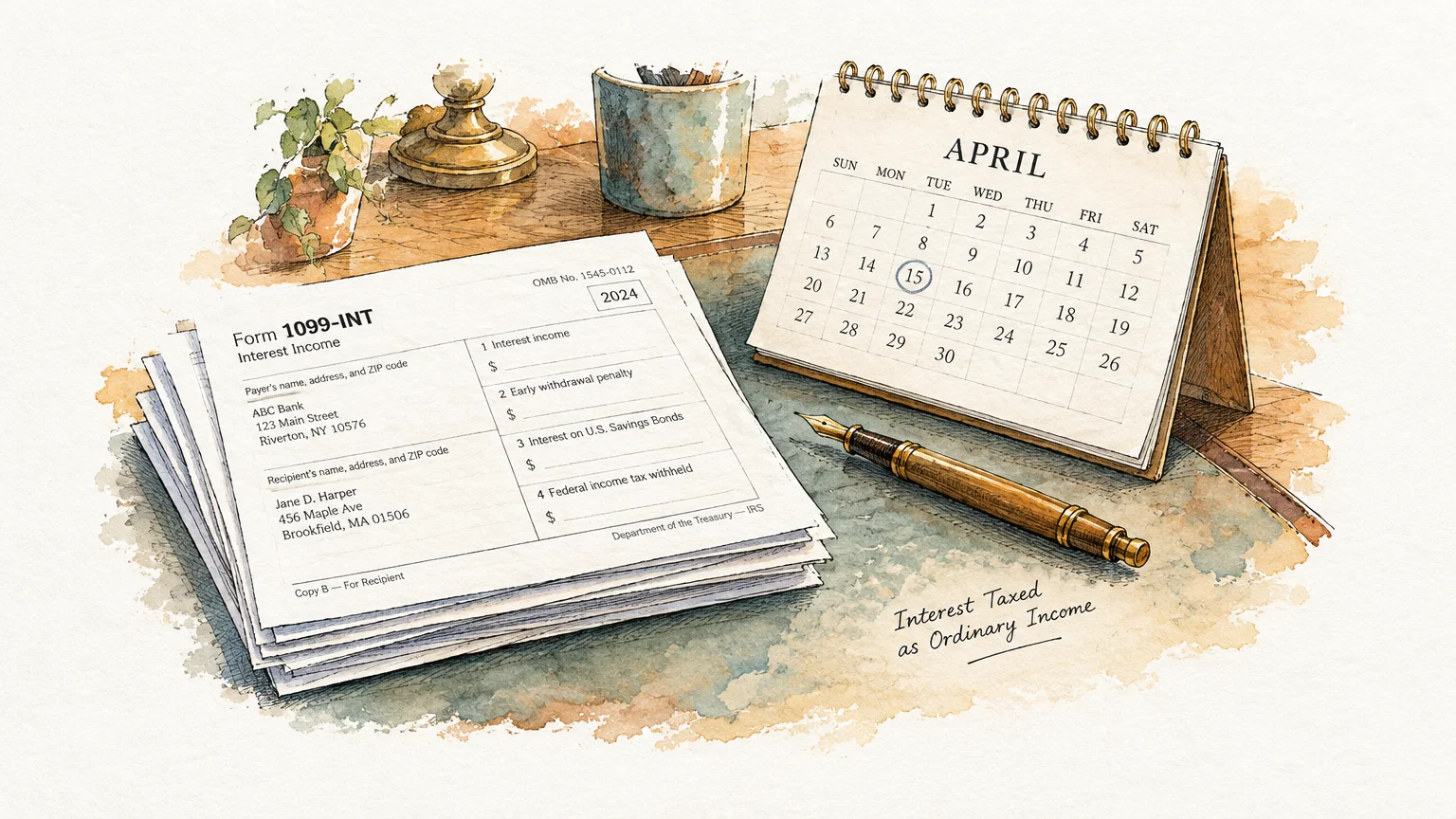Watercolor illustration of a Form 1099-INT tax document beside an April desk calendar and fountain pen.