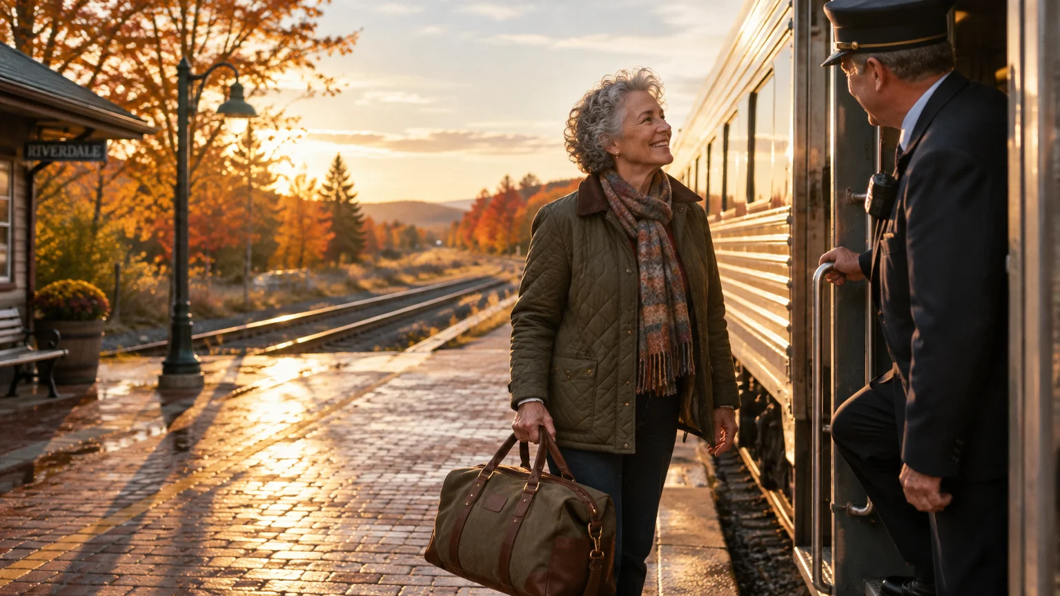 A smiling mature woman with a duffel bag boards a passenger train at a rural station at sunrise.