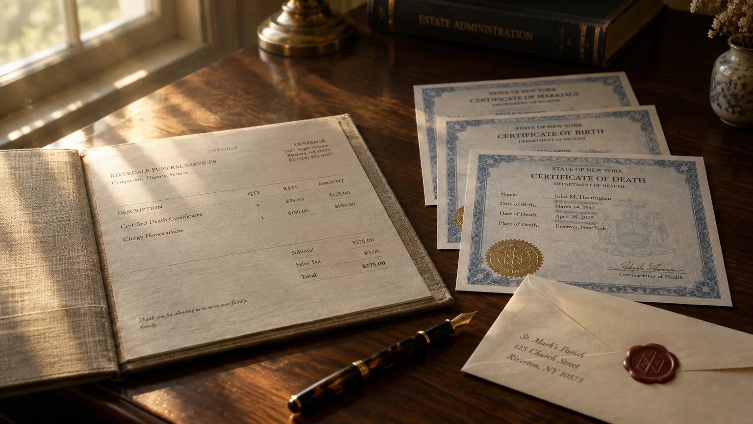 Funeral invoice folder, certified death certificates, sealed envelope, and fountain pen on a wooden desk.