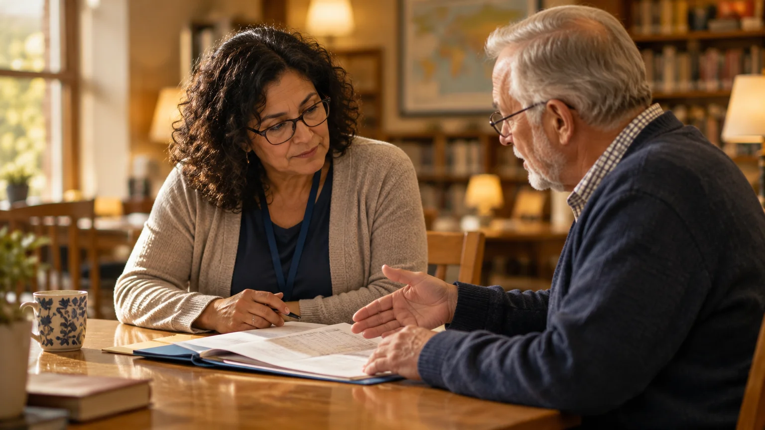 A woman with glasses and an older man review documents in a binder while seated at a wooden table in a library.