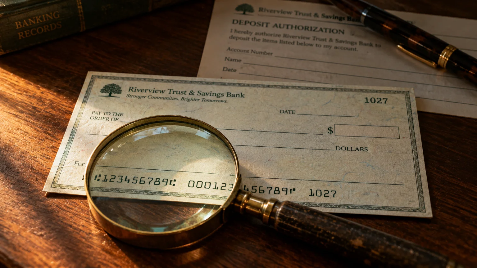 Magnifying glass over the routing and account numbers on a blank bank check next to a deposit slip.