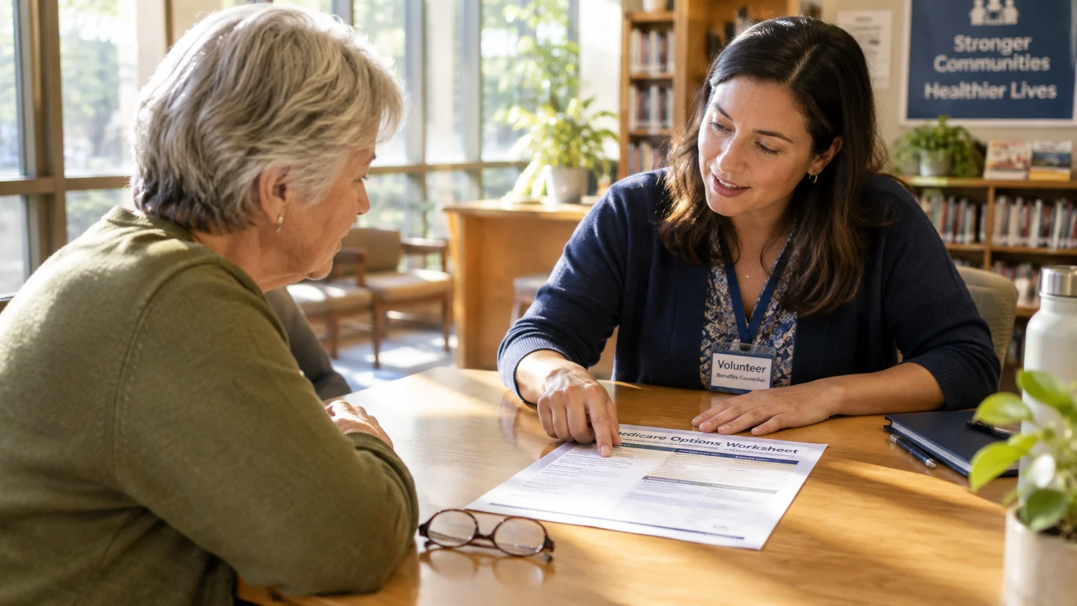 A volunteer counselor points to a Medicare options worksheet on a wooden table while speaking with a senior woman.