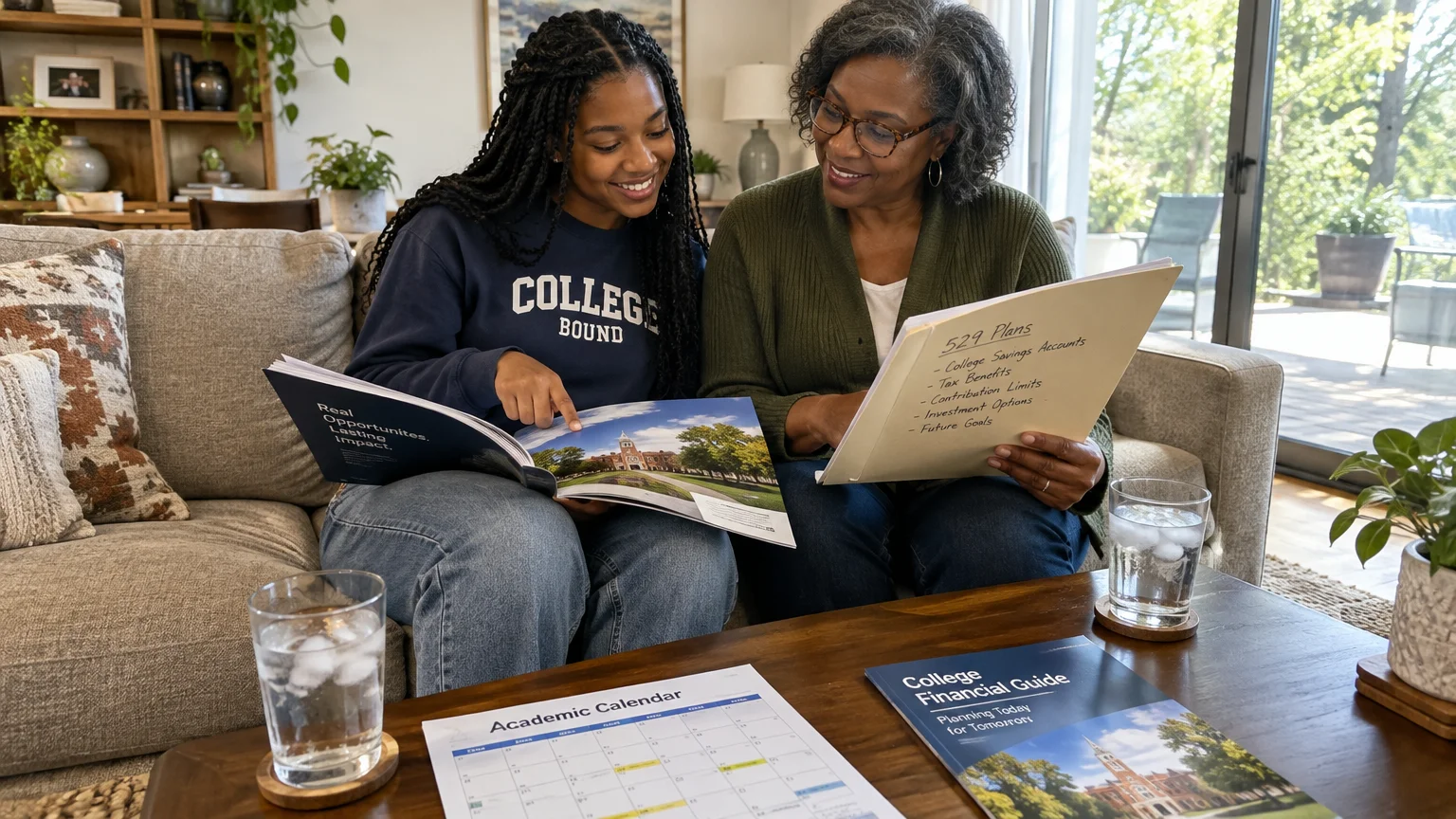 Grandmother and granddaughter sitting on a couch reviewing college brochures, an academic calendar, and notes on 529 plans.