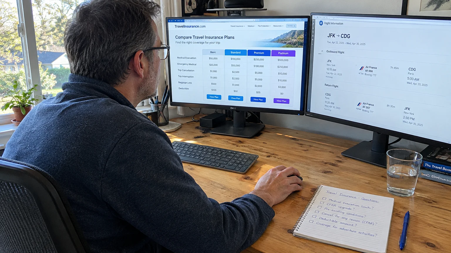 A man at a dual-monitor computer desk compares travel insurance plan tiers online with notes beside him.