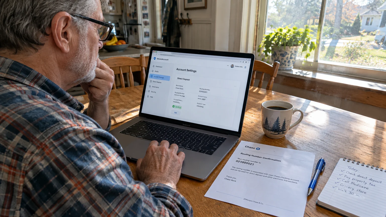 Man reviewing direct deposit settings on a laptop beside a printed Chase routing confirmation letter and a notepad.