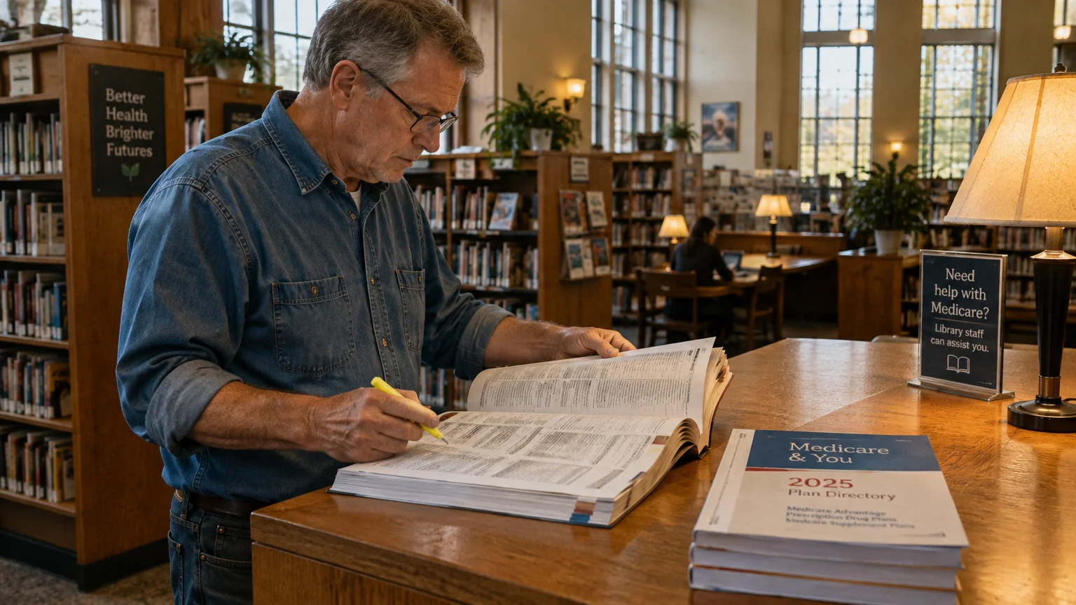 Senior man in a denim shirt examining an open Medicare directory on a wooden table in a public library.