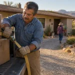 A man tightens straps on cardboard moving boxes in a pickup truck bed outside a desert home while a woman walks inside.