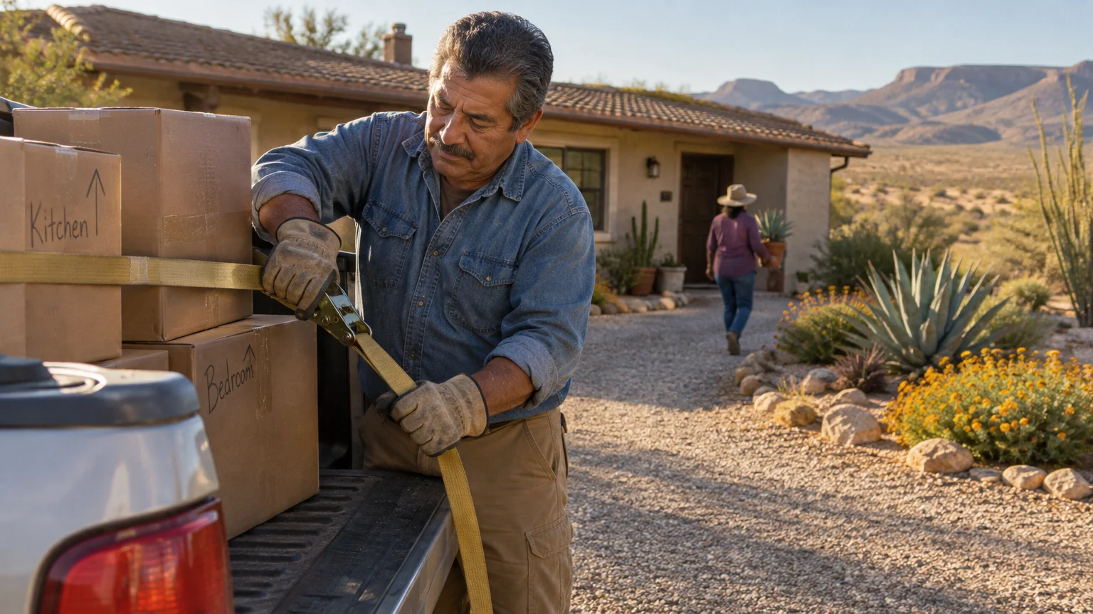 A man tightens straps on cardboard moving boxes in a pickup truck bed outside a desert home while a woman walks inside.