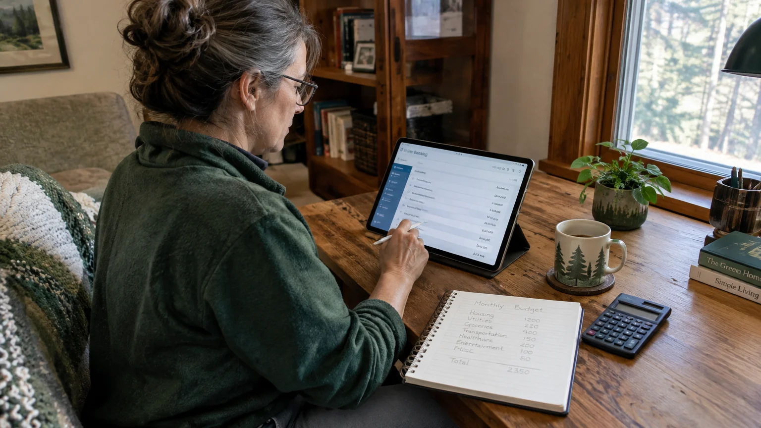 A woman sitting at a wooden desk with a tablet, calculator, and handwritten monthly budget notebook.