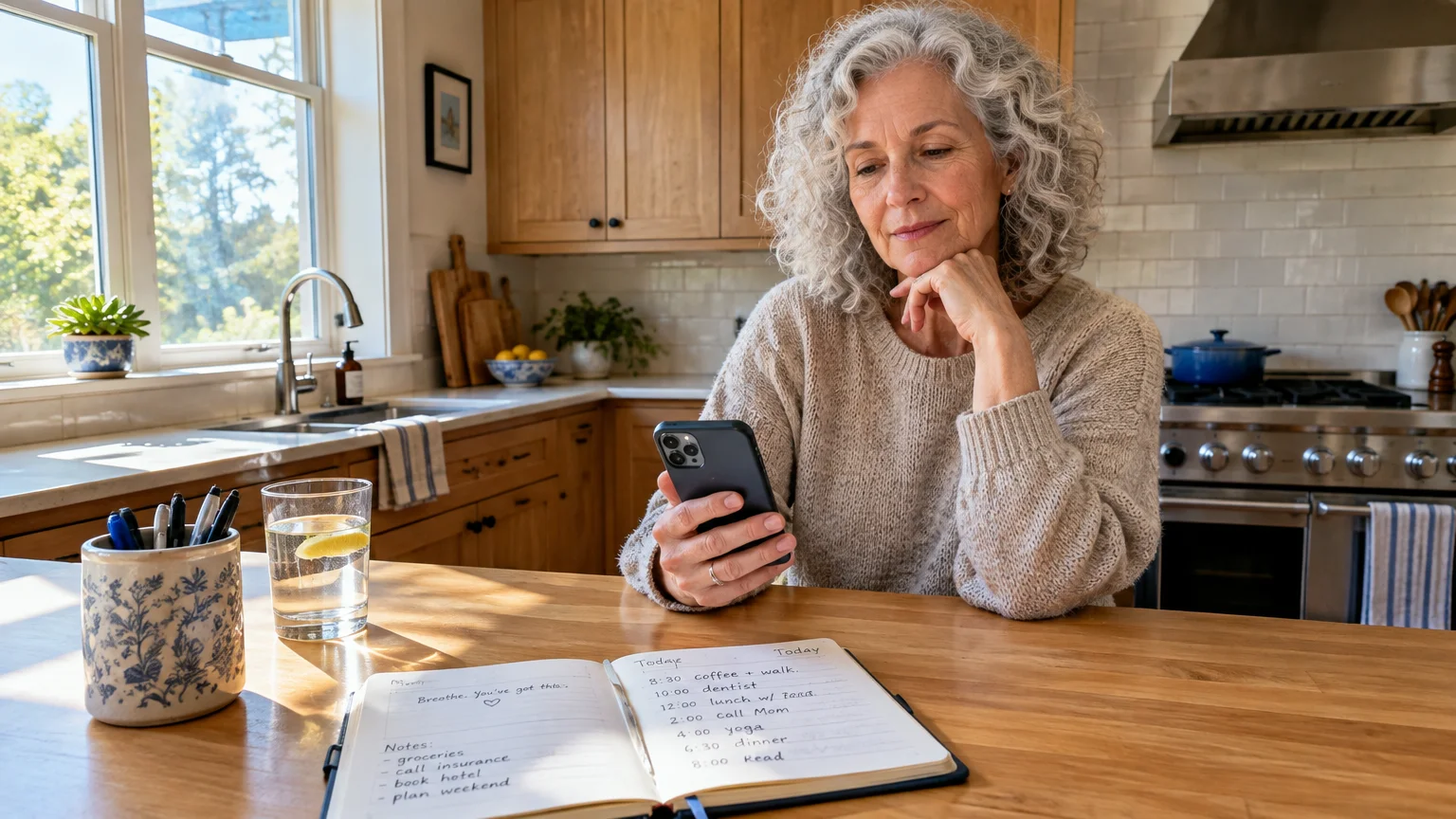 A mature woman with curly gray hair sits at a kitchen counter looking thoughtfully at her smartphone near an open notebook.