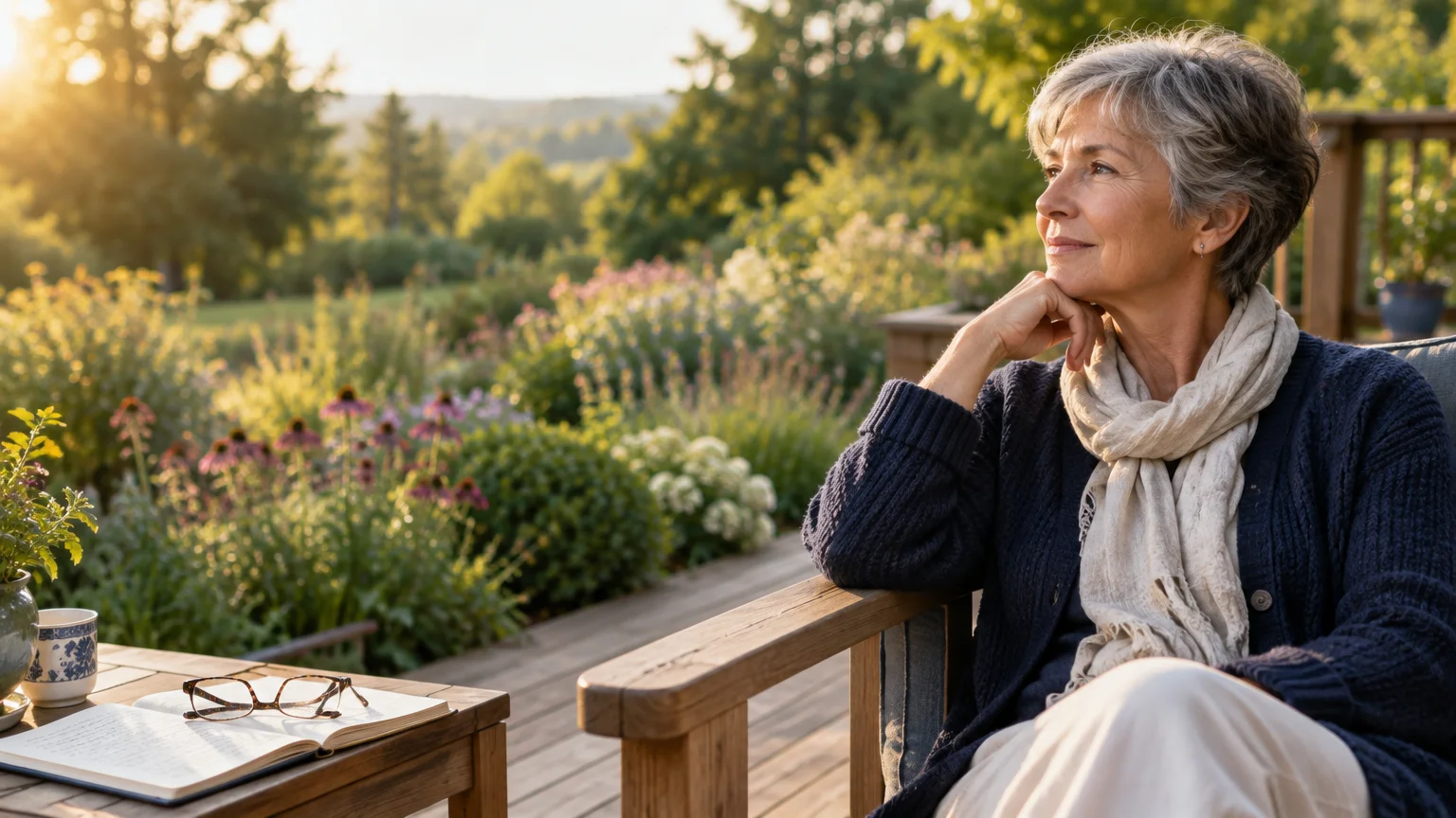 Mature woman sitting on a wooden outdoor deck at sunset, gazing toward a garden with a book and glasses on a side table.