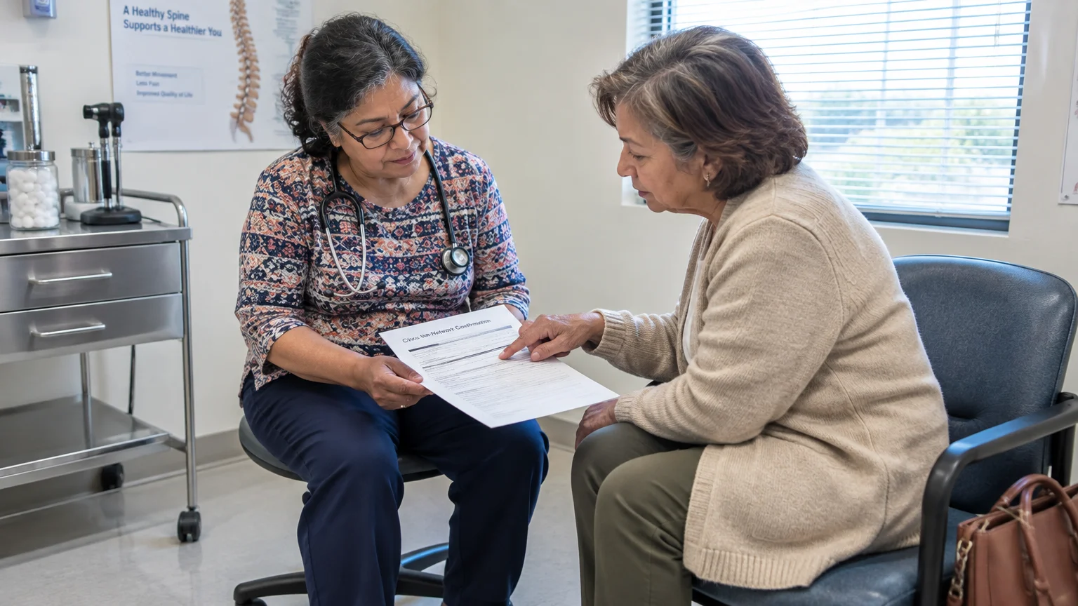 A doctor and an older patient in an examination room review a medical document together while seated side by side.