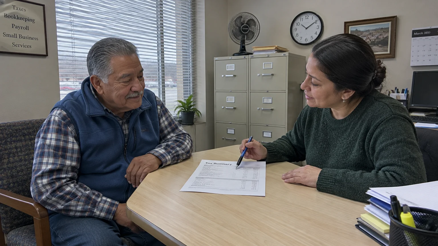 A woman points a pen at a tax summary document on a desk while speaking to a seated older man in an office.