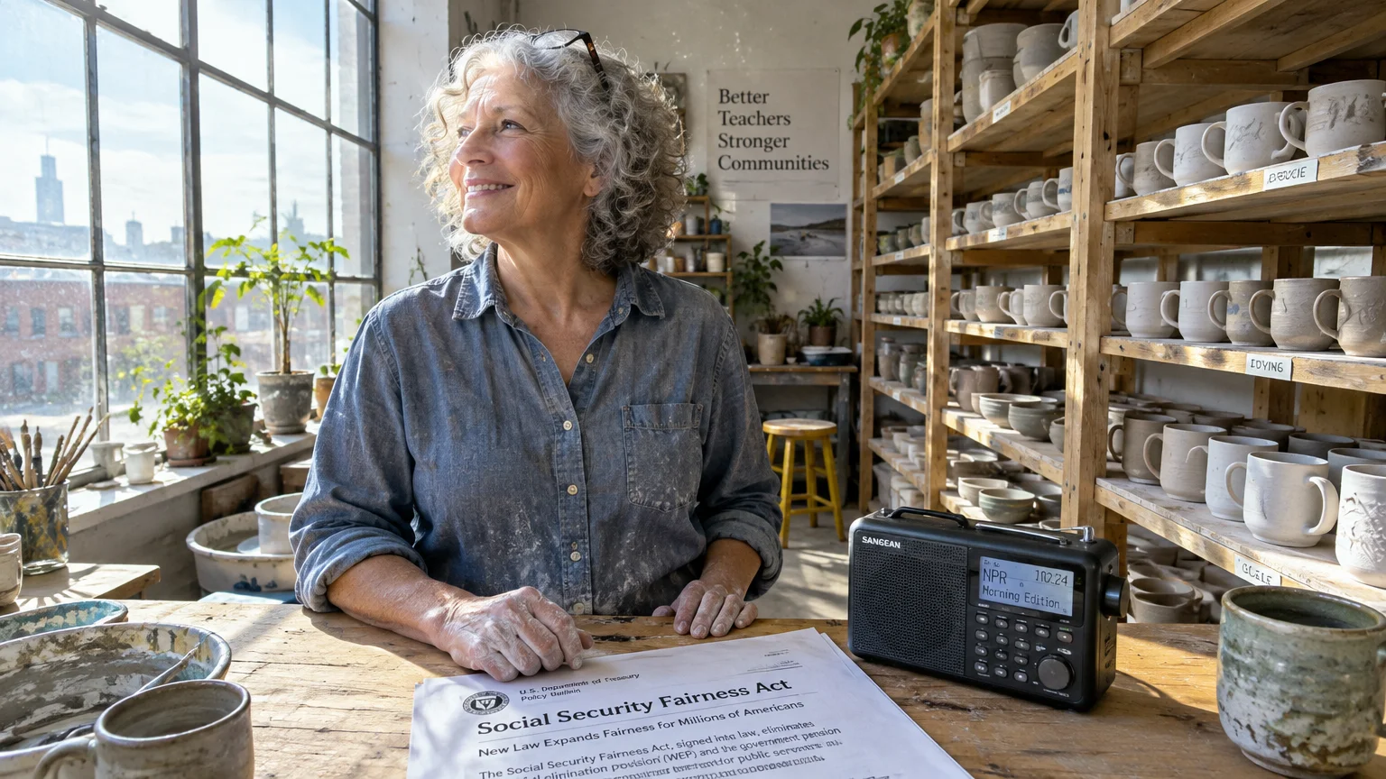 Smiling woman in a pottery studio sitting beside printed documents about the Social Security Fairness Act and a radio.