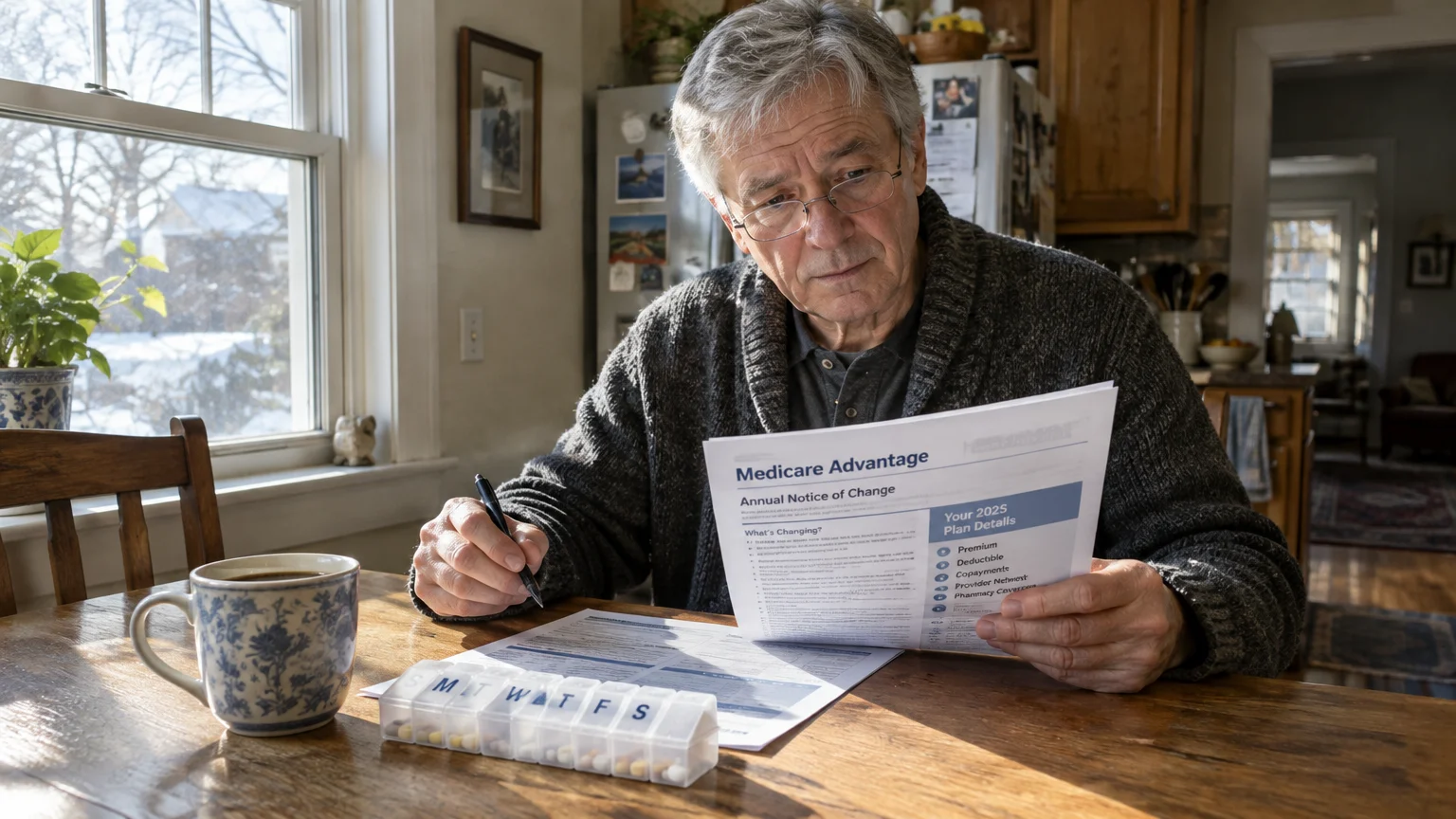 An older man wearing glasses sits at a wooden table reviewing a Medicare Advantage document next to a pill organizer.