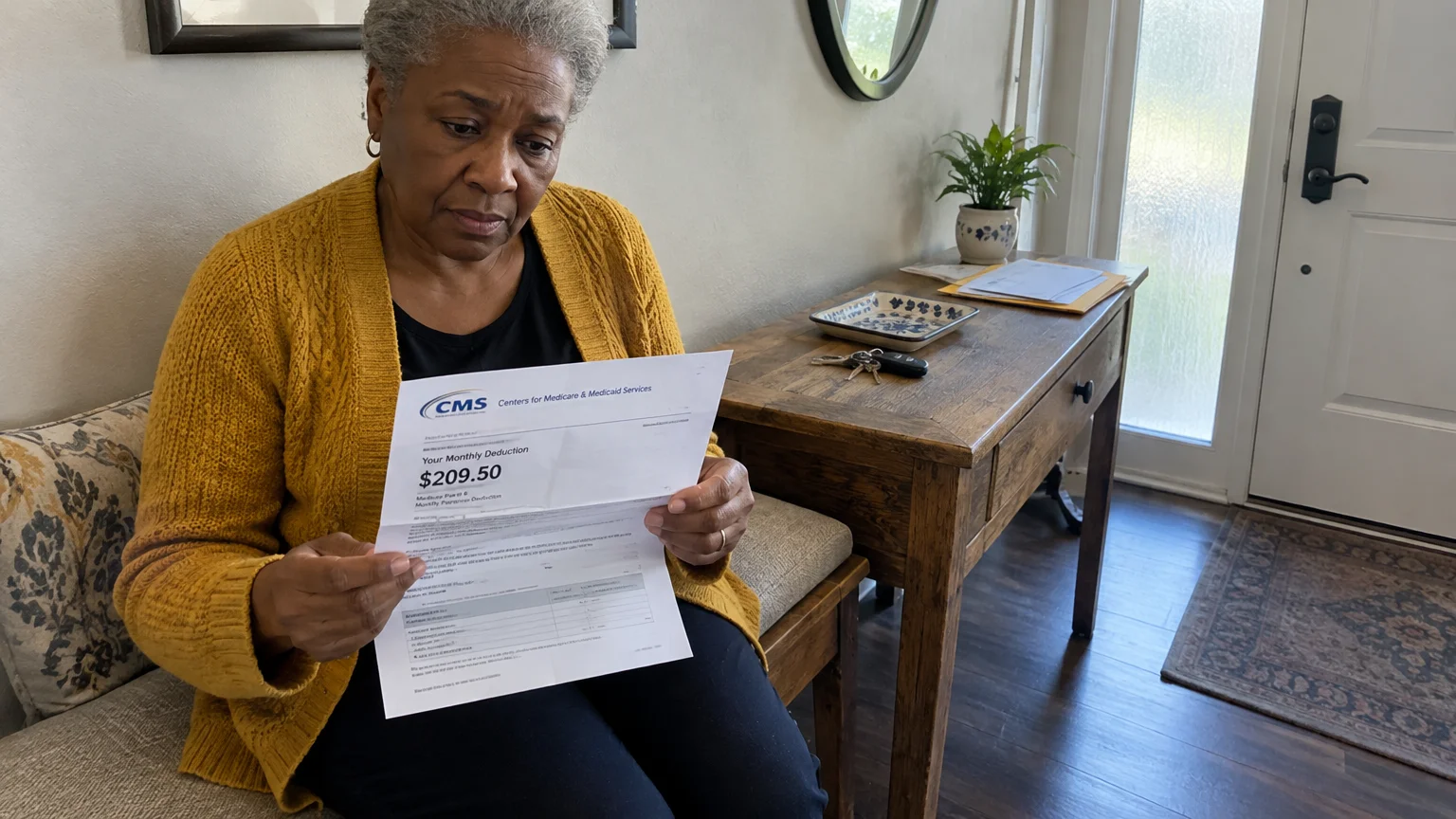 A woman in a yellow cardigan sits in a hallway bench, reading a printed CMS letter showing a $209.50 monthly deduction.