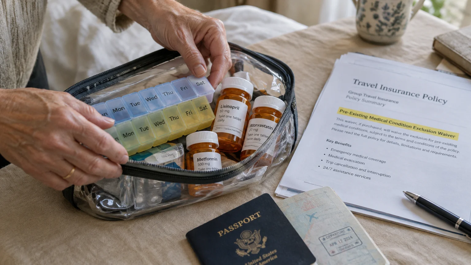 Hands packing daily pill boxes and medication bottles into a pouch beside a travel insurance policy and US passport.