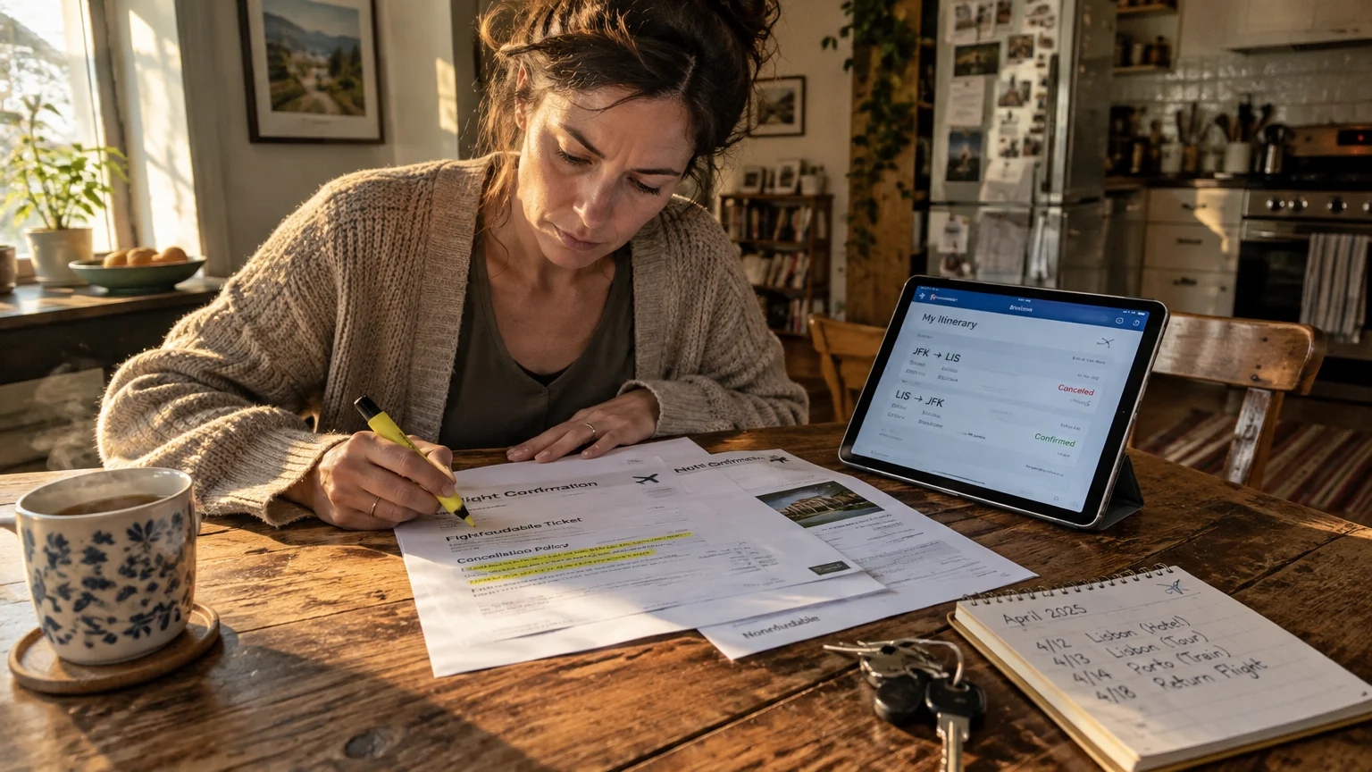 A woman at a wooden table highlights printed travel documents next to a tablet displaying a canceled flight itinerary.