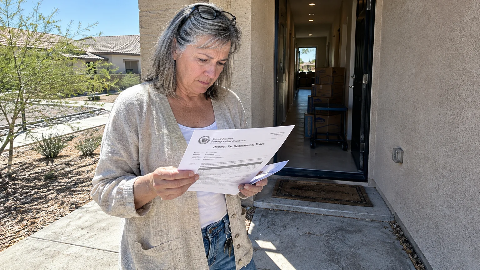 A woman stands outside her front doorway holding and reading a property tax reassessment notice letter.