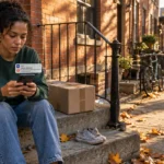A woman sitting on brownstone steps checks a phone notification next to a cardboard package and autumn leaves.