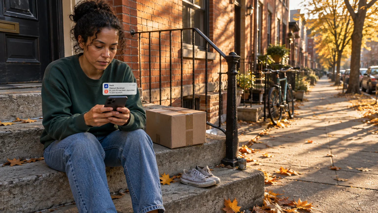 A woman sitting on brownstone steps checks a phone notification next to a cardboard package and autumn leaves.