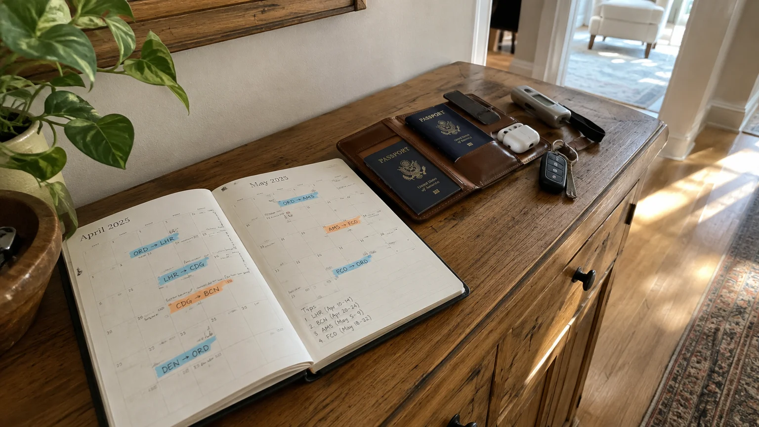 Open planner with scheduled flights beside US passports in a leather wallet, car keys, and earbuds on a wooden sideboard.