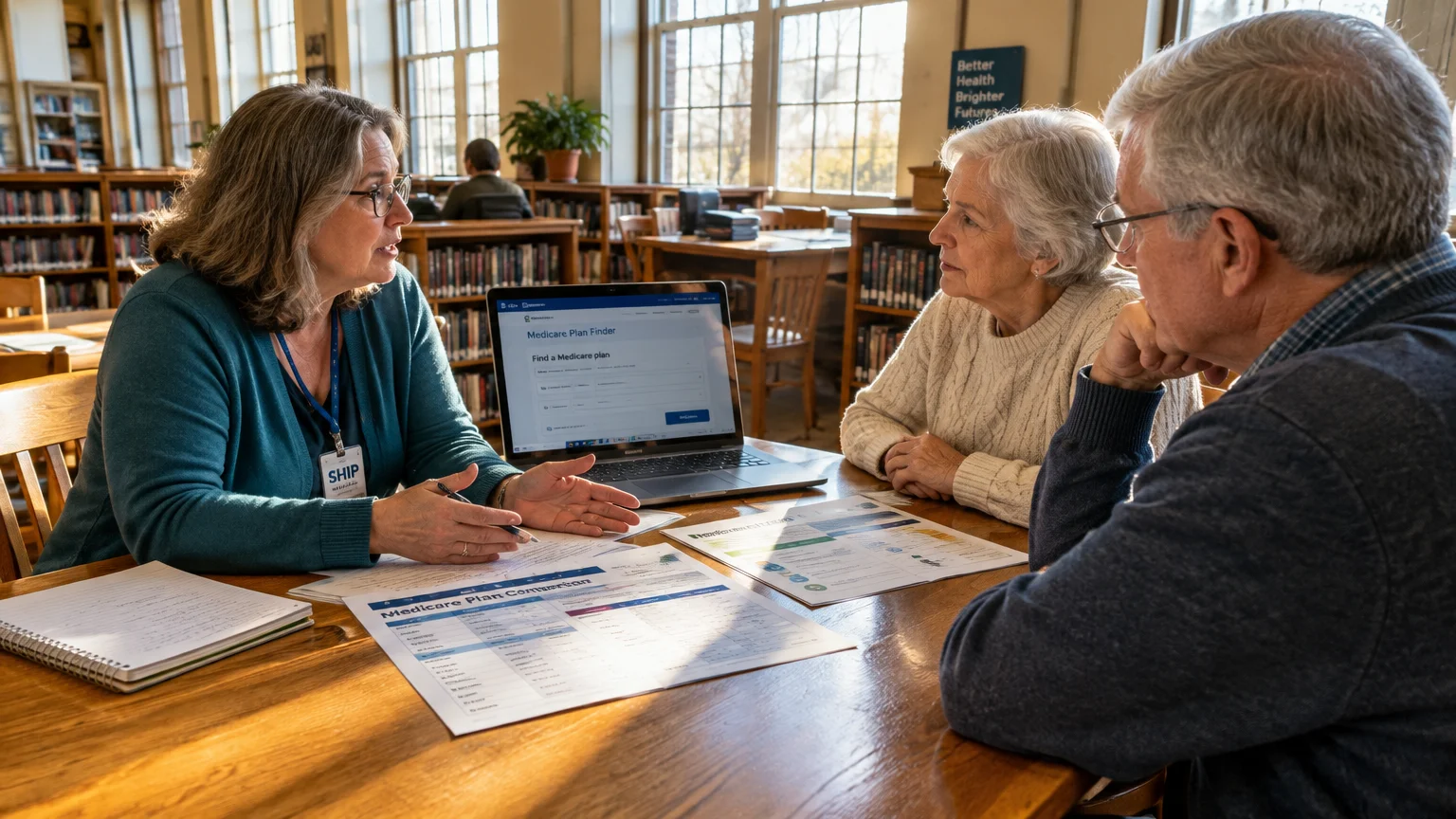 A woman wearing a SHIP badge speaks with an older couple seated at a table with papers and a laptop in a library.