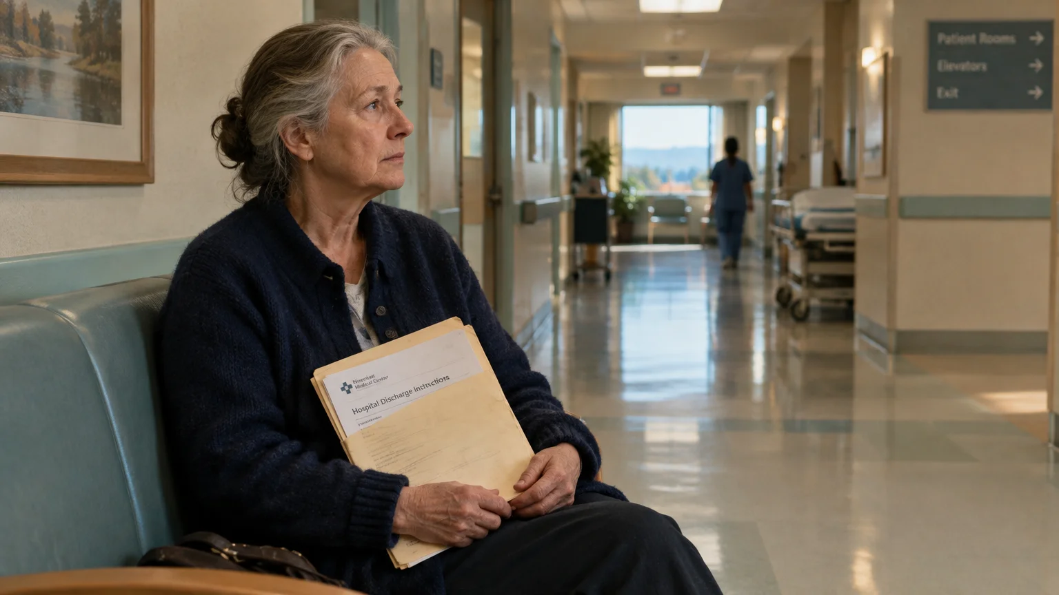 An older woman in a blue sweater sits in a hospital hallway holding discharge instructions on her lap.