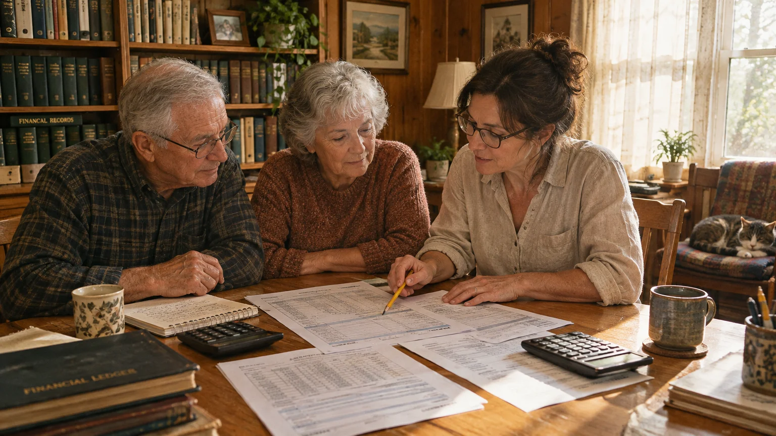 A professional reviews paperwork with a senior couple seated at a wooden dining table covered in documents.