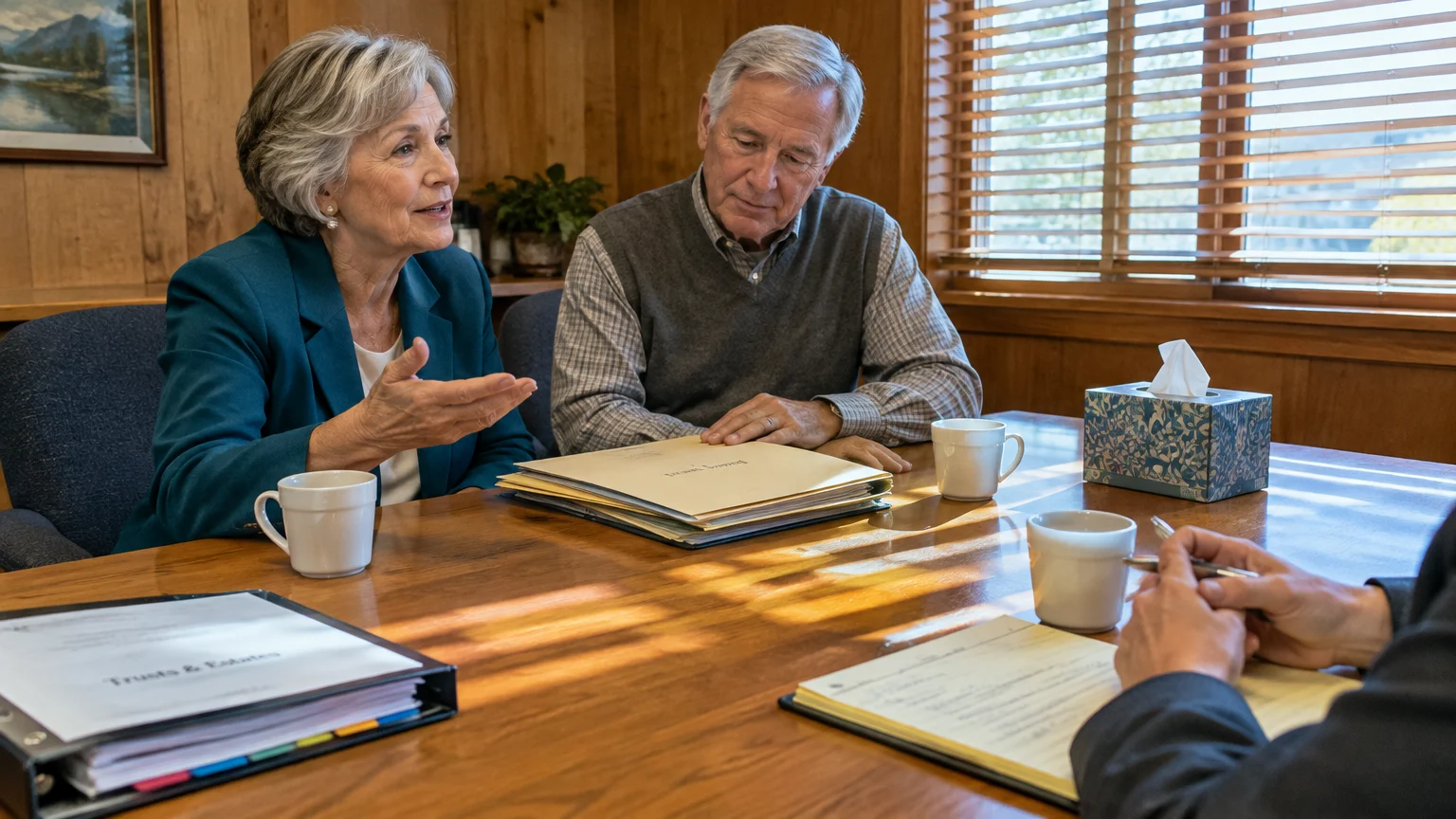 An older couple sitting at a wooden conference table across from a professional, discussing paperwork and documents.