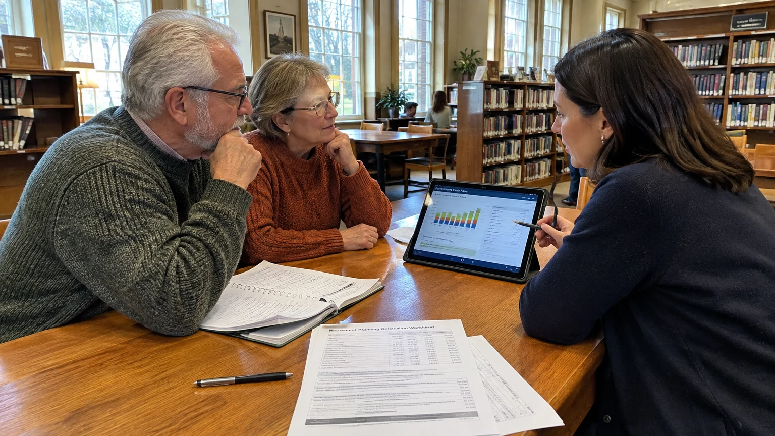 An older couple reviews retirement planning worksheets and tablet charts during a meeting with an advisor at a wooden table.