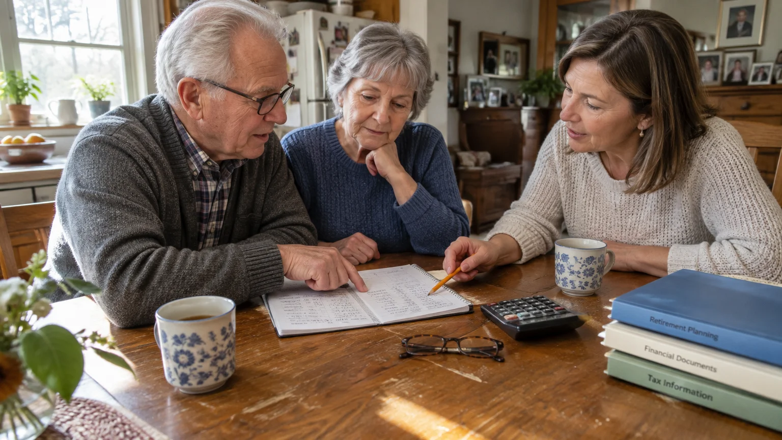 A senior couple sits at a wooden table reviewing financial notebooks and a calculator with a professional woman.