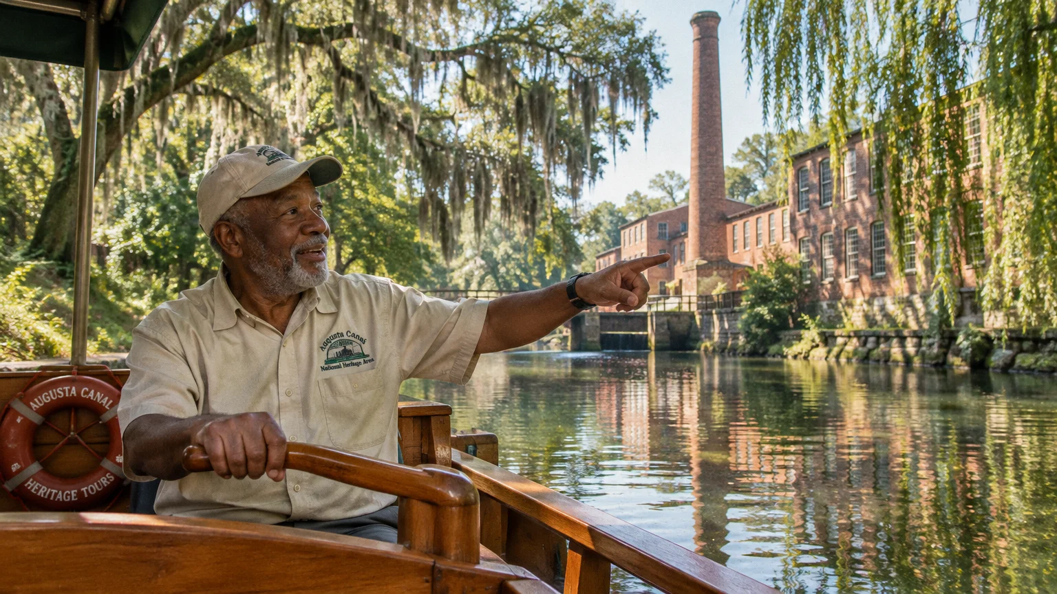 A smiling tour boat captain steers along a scenic canal toward an old brick mill building and tall smokestack.