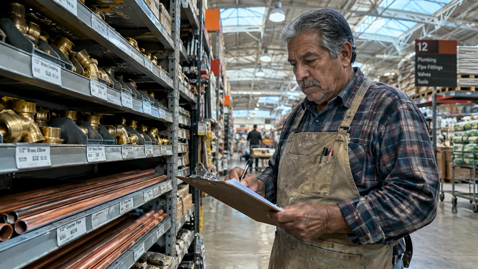 An older man wearing an apron writes on a clipboard in the plumbing aisle of a home improvement warehouse.