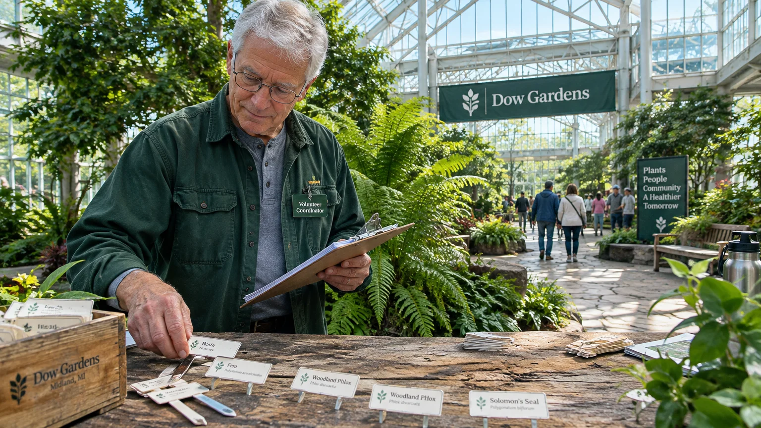 A senior man holding a clipboard organizes plant labels on a wooden table inside a Dow Gardens botanical conservatory.