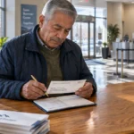 Older man at a credit union counter reviewing a deposit confirmation slip while holding a pen over a ledger.