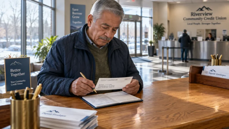 Older man at a credit union counter reviewing a deposit confirmation slip while holding a pen over a ledger.