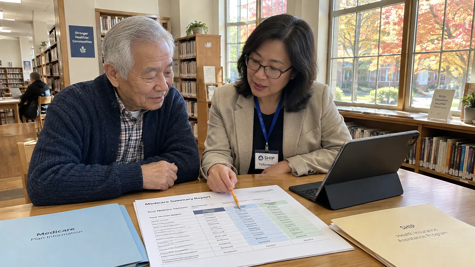 A counselor wearing a SHIP badge reviews a Medicare summary report with a senior man at a library table.