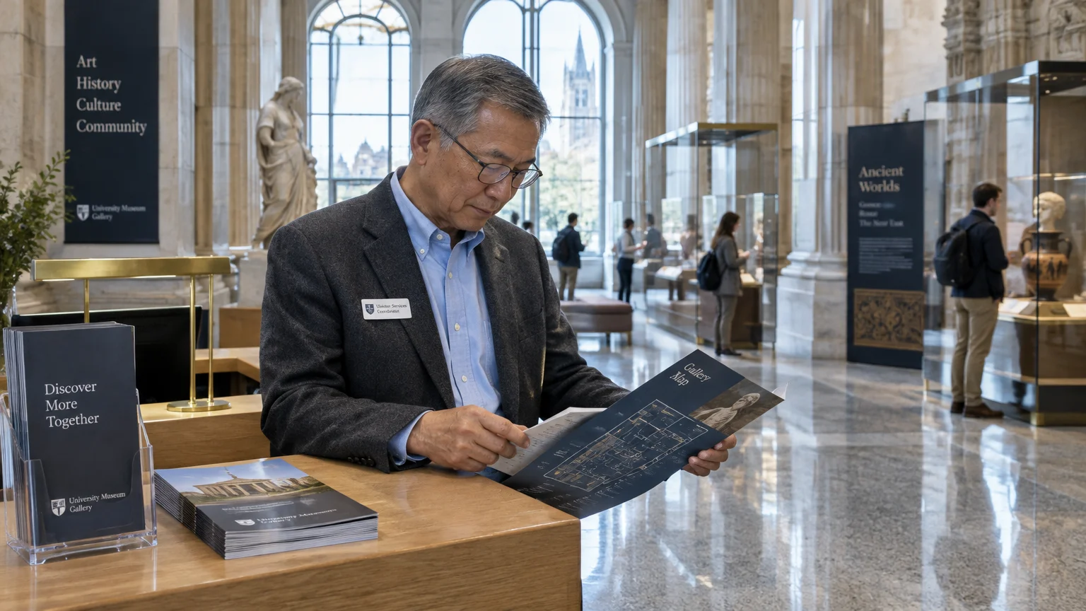 A man wearing glasses and a blazer reviews a gallery map at an information desk inside a museum lobby.