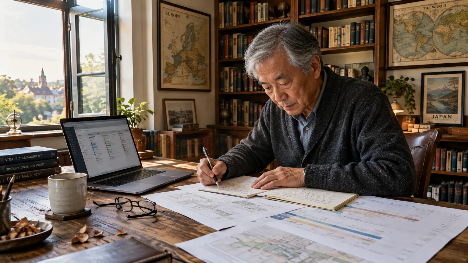 An older man writes in a notebook at a wooden desk with a laptop, papers, and bookshelves in a home office.