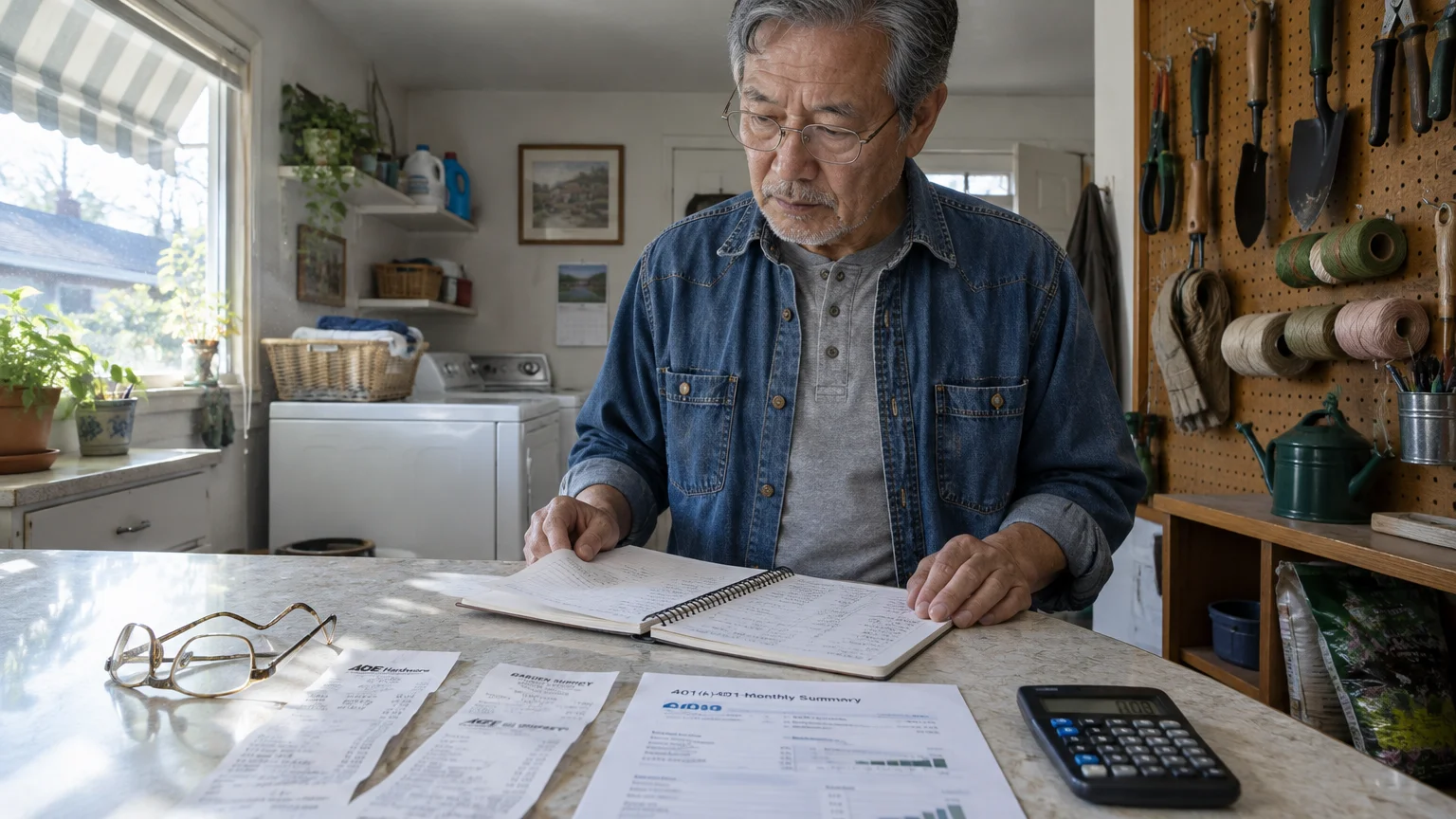 An older man in glasses reviews financial documents, receipts, and a notebook on a counter next to a calculator.
