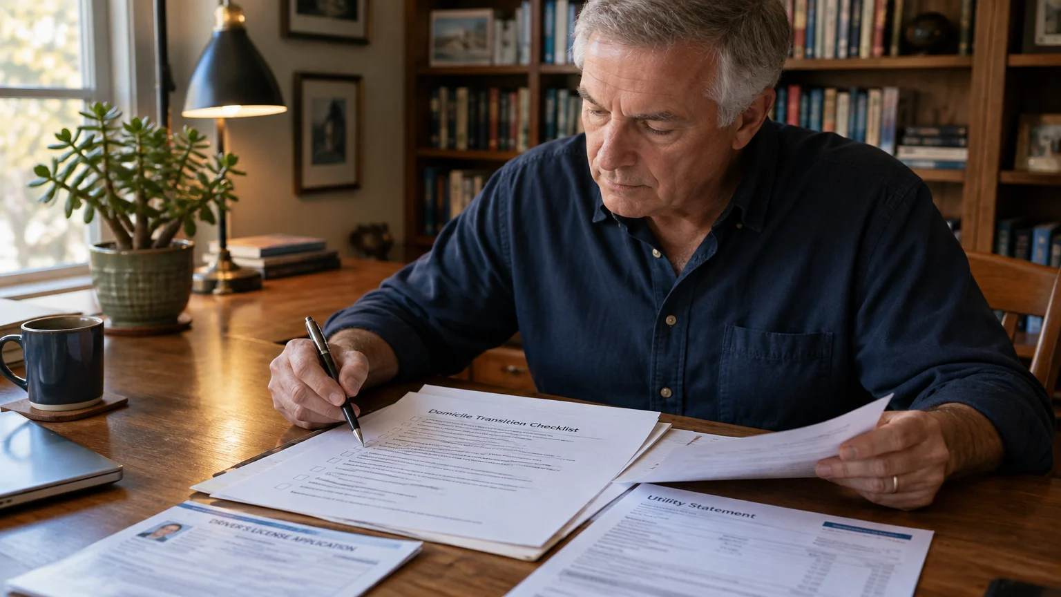 A senior man reviews a Domicile Transition Checklist alongside utility and license forms at a wooden home office desk.
