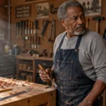An older man working in a woodworking shop pauses and looks back suspiciously at a ringing landline wall phone.