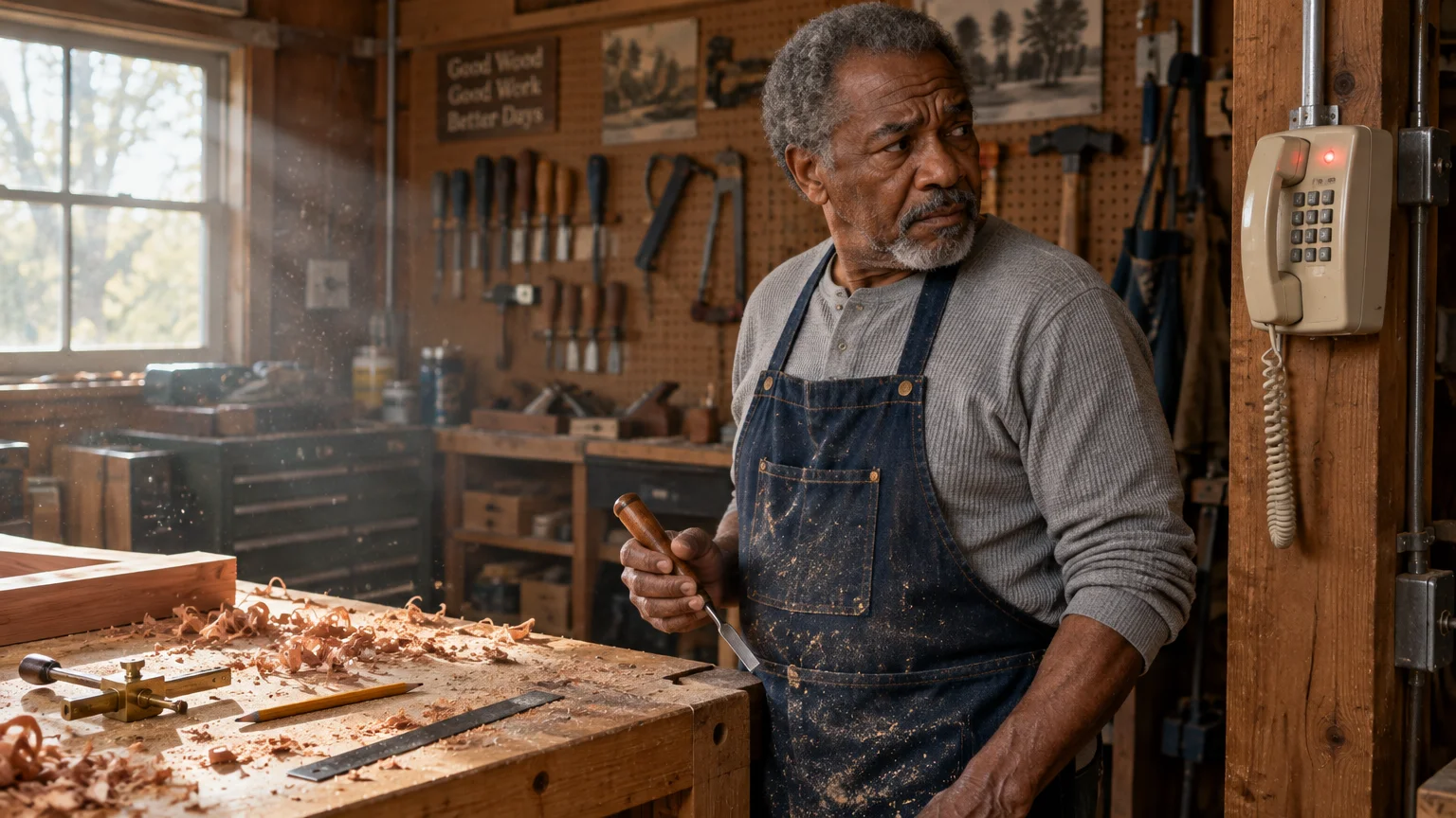 An older man working in a woodworking shop pauses and looks back suspiciously at a ringing landline wall phone.